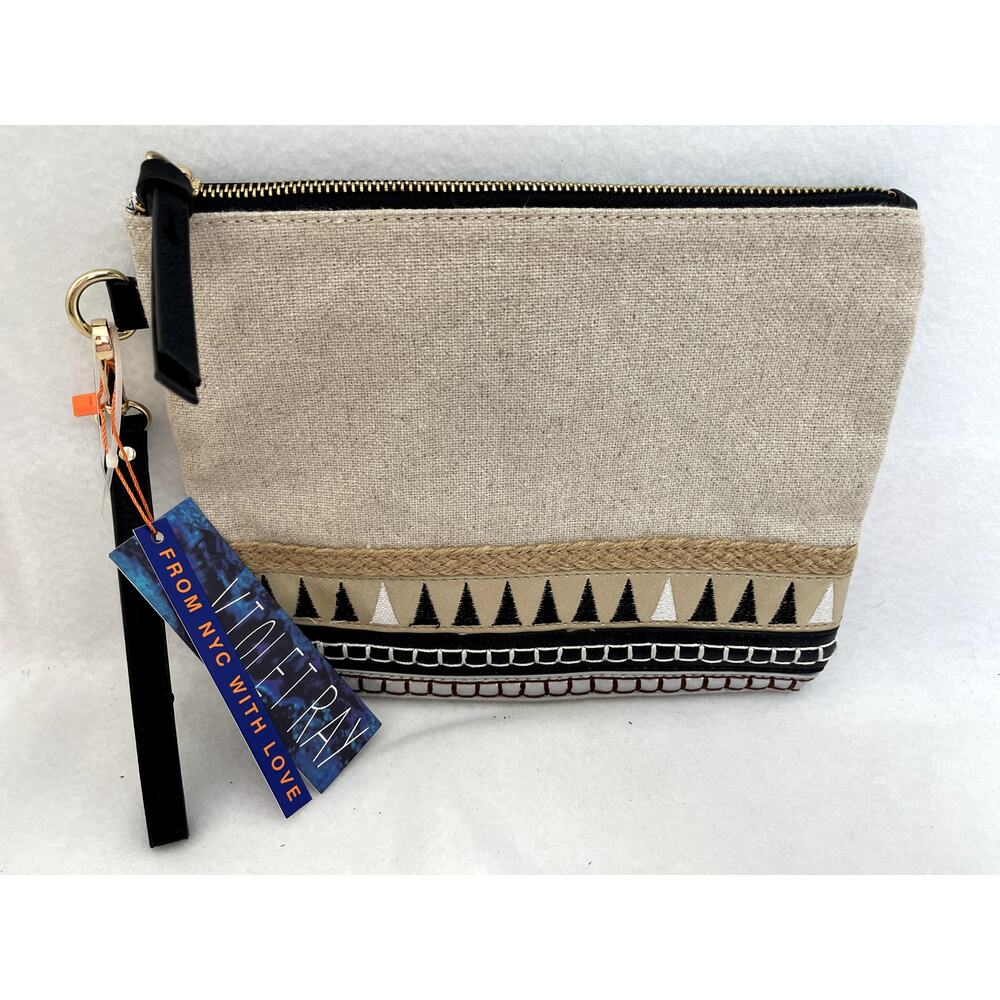 Violet Ray Aztec Woven Cosmetic Bag Handle Tan Black NWT